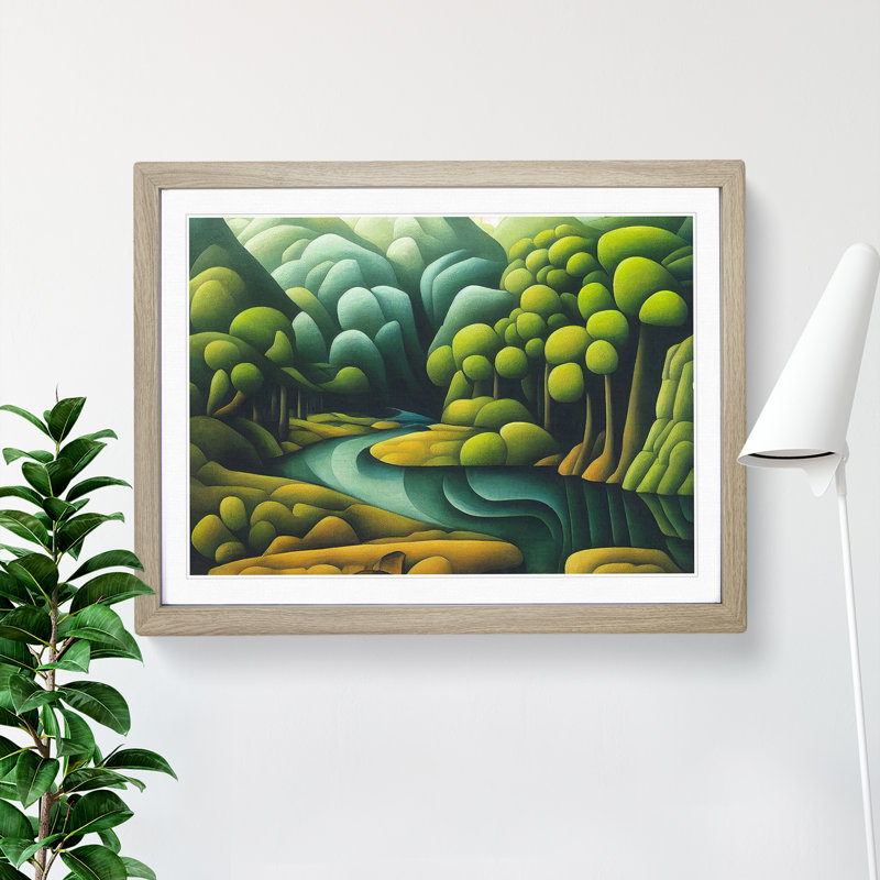 XH1022-6183X Modern Stream And Forest - Single Picture Frame Print, Oak Framed, 46cm H x 64cm W x 2cm D