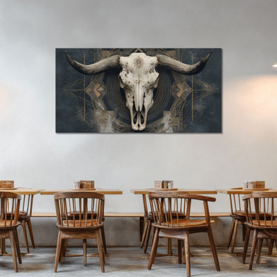  Bull Skull Canvas Wall Art Native American Decor, Rustic Longhorn Cow Skull Print Western Wall Art with Gold Geometric Motif Artwork Print for Living Room Bedroom 12x24