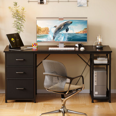 51"W Reversible Computer Desk With Recessed Outlets,Home Office Desk With 3 fabric Drawers, Writing Desk With Storage Shelves