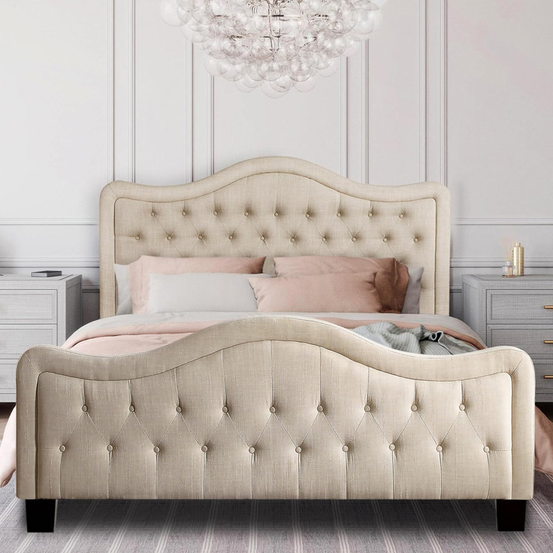 Tête de lit tapissier capitonnée à hauteur réglable avec pied de lit, Beige, Très grand lit