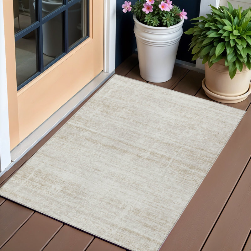 3' X 5' Ivory Beige And Tan Abstract Washable Indoor Outdoor Area Rug