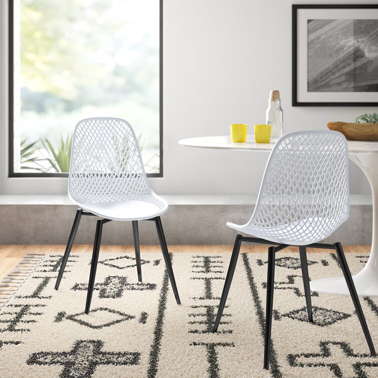 Mid-Century Metal Dining Chair Weave Seat (Set of 2) Mistana Frame Color: White
