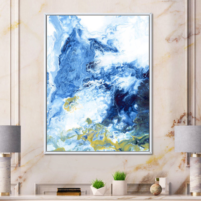 «Blue and Gold Creative Abstract», peinture sur toile, Cadre flottant blanc, H 40 po x l 30 po