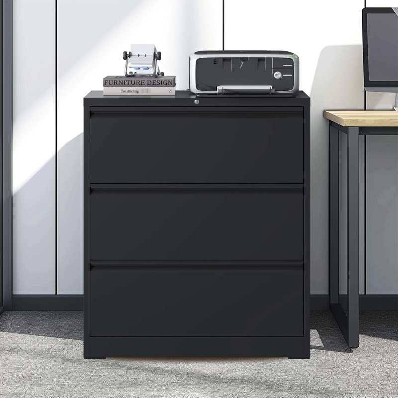 Classeur de bureau à 3 tiroirs avec serrure - matériau métallique, tiroirs silencieux à pleine extension, capacité de 110 lb par tiroir, dossier inclinable de style moderne avec finition latérale noir mat, verrouillable