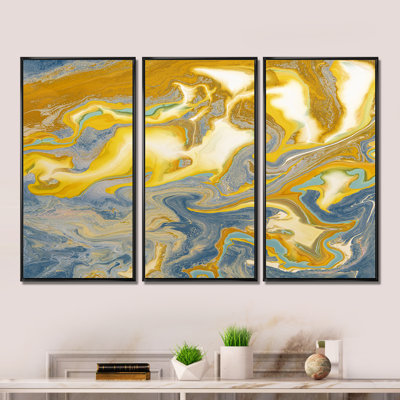 «Yellow and Blue Marble Waves I», ensemble de 3 impressions sur toile à cadre flottant