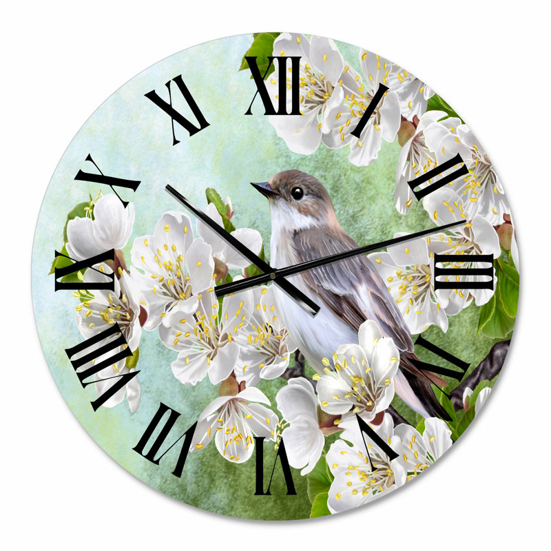 Oiseau gris sur une branche d'un arbre en fleurs - Horloge murale traditionnelle, Petit