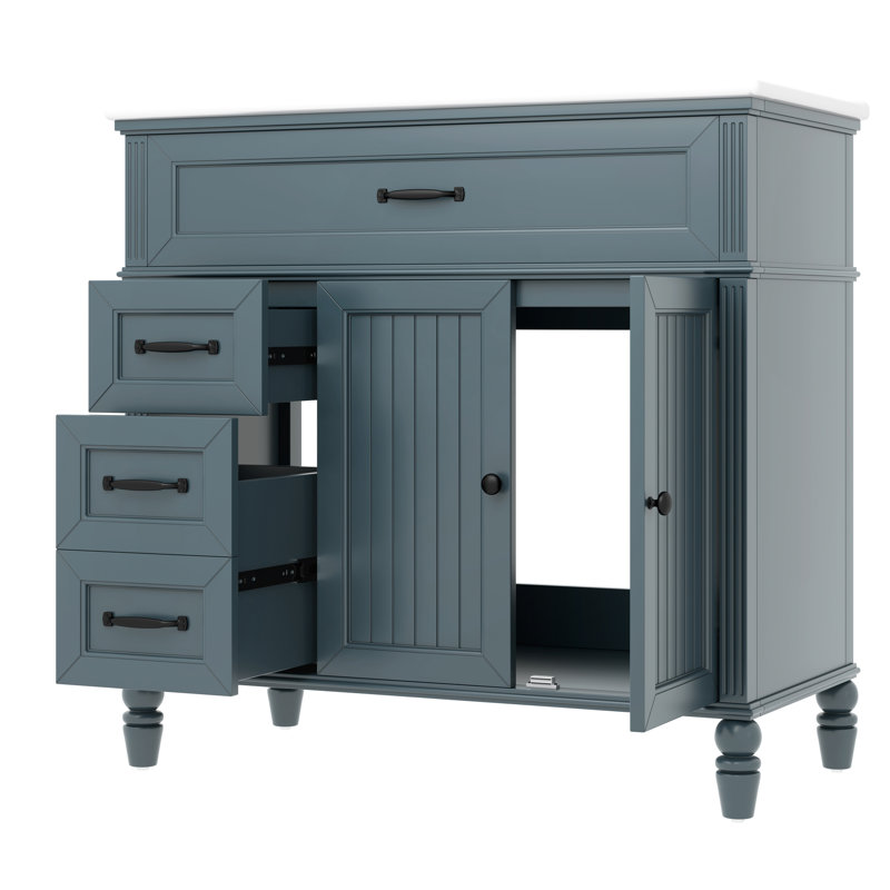 Meuble-lavabo de 36 pouces, armoire bleue, structure en bois, panneaux, lavabo en céramique lisse, tiroirs de rangement, finition imperméable pour porte, composants d'assemblage de quincaillerie, surmatelas peint