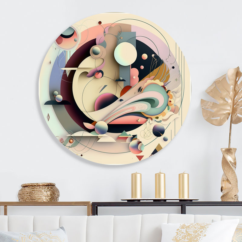 Pastel Art déco I - Art mural rond abstrait géométrique sur métal, L 36 po x H 36 po