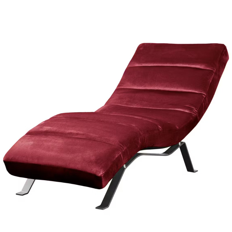 Rye Upholstered Velvet Fabric Chaise Lounge with Adjustable Backrest, Red, Silver