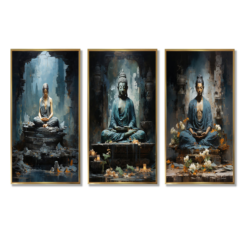 Ensemble de 4 décorations murales Dhyan Mudra, Cadre flottant doré, H 28 po x l 36 po