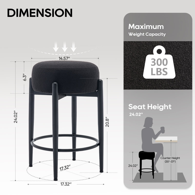 24" Modern Upholstered Bar Stool, Round Counter Height Stool with Black Metal Frame & Footrest, Soft Lambswool-Inspired Seat for Kitchen Island