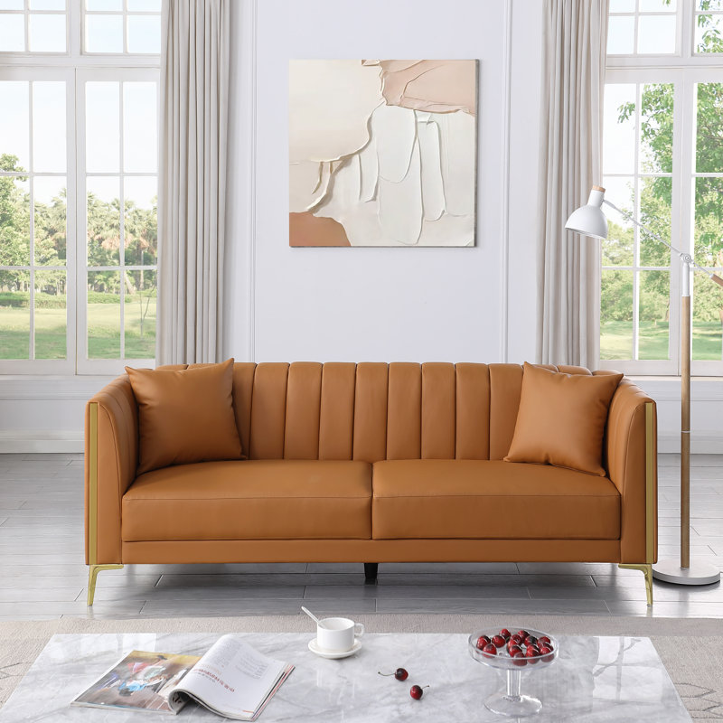 Dreiling 77.6" Faux Leather Tuxedo Arm Sofa, Brown Performance Faux Leather