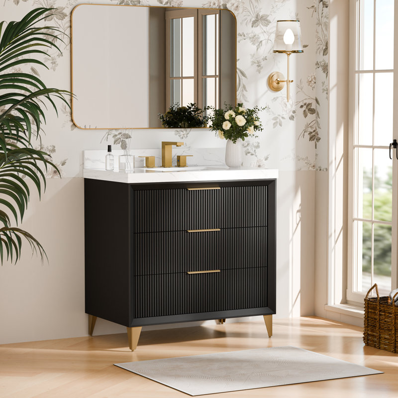 36'' Bathroom Vanity Ceramic Sink Top with Backsplash, Pre-assembled Bathroom Cabinet , Black