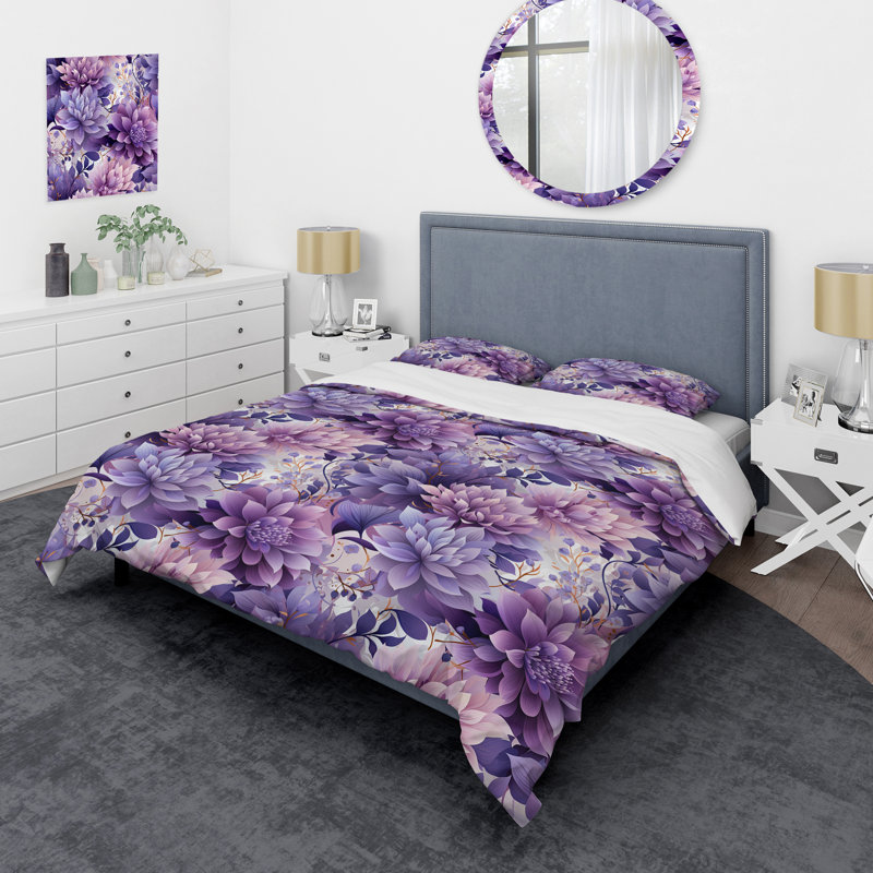 Ensemble de housse de couette floral - Harmonie de coquelicots mauves, Housse de couette simple + 1 taie décorative stan