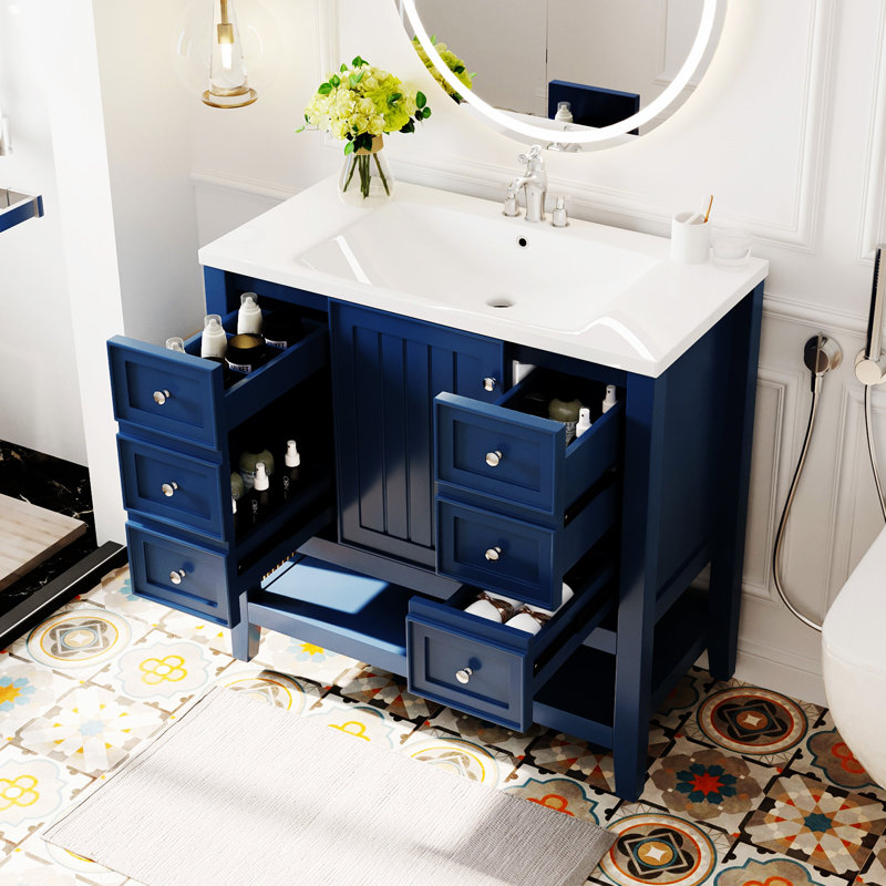 Meuble-lavabo 36 po avec lavabo et porte, armoire de rangement en céramique, Bleu