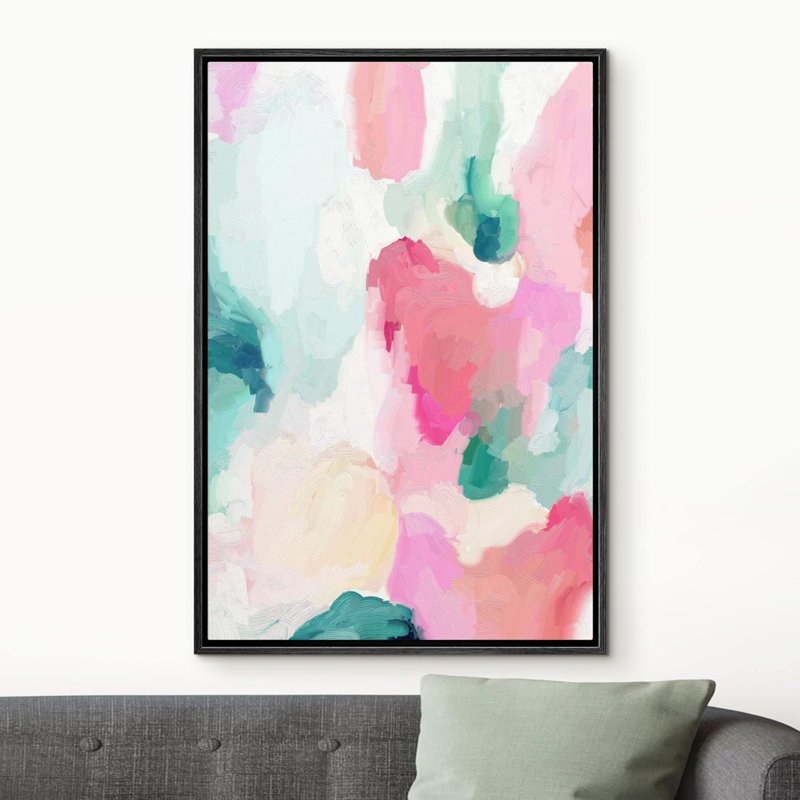 Peinture abstraite rose pastel, vert et jaune, Noir, H 36 po x l 24 po x P 1,5 po