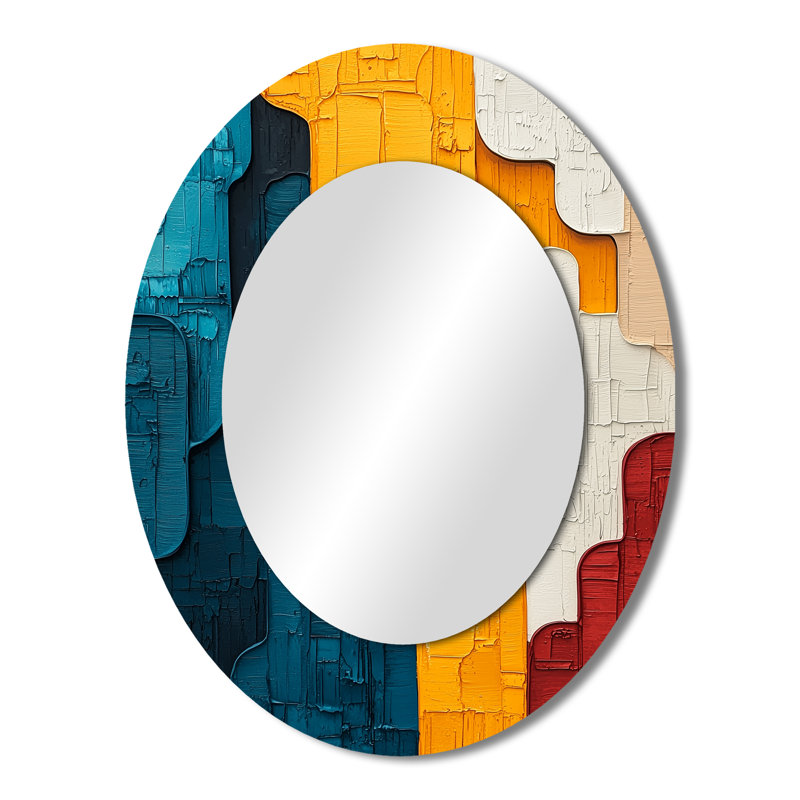 Urban Jazz transitionnel bleu et jaune collage I - miroir décoratif ovale abstrait sur métal, 43 po x 33 po