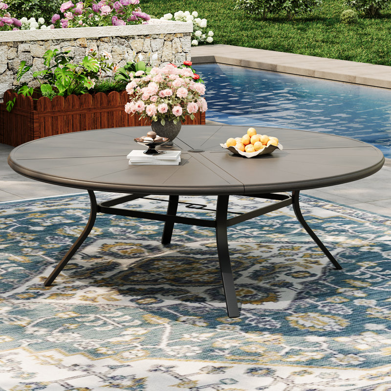 8-Person Aluminum Round Patio Dining Table, Brush Wood Gray