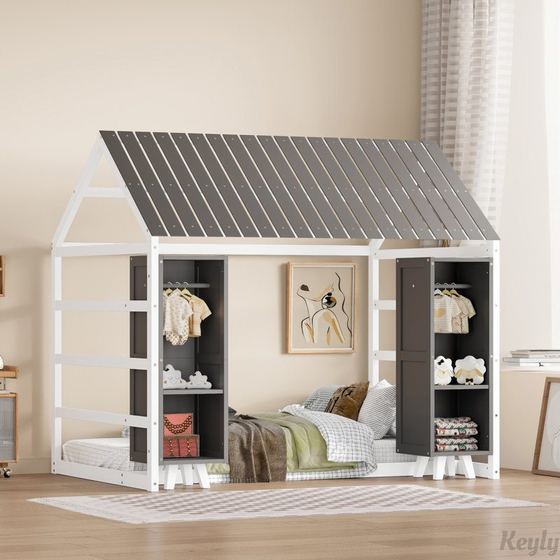 Lit en bois avec garde-robe mobile, gris