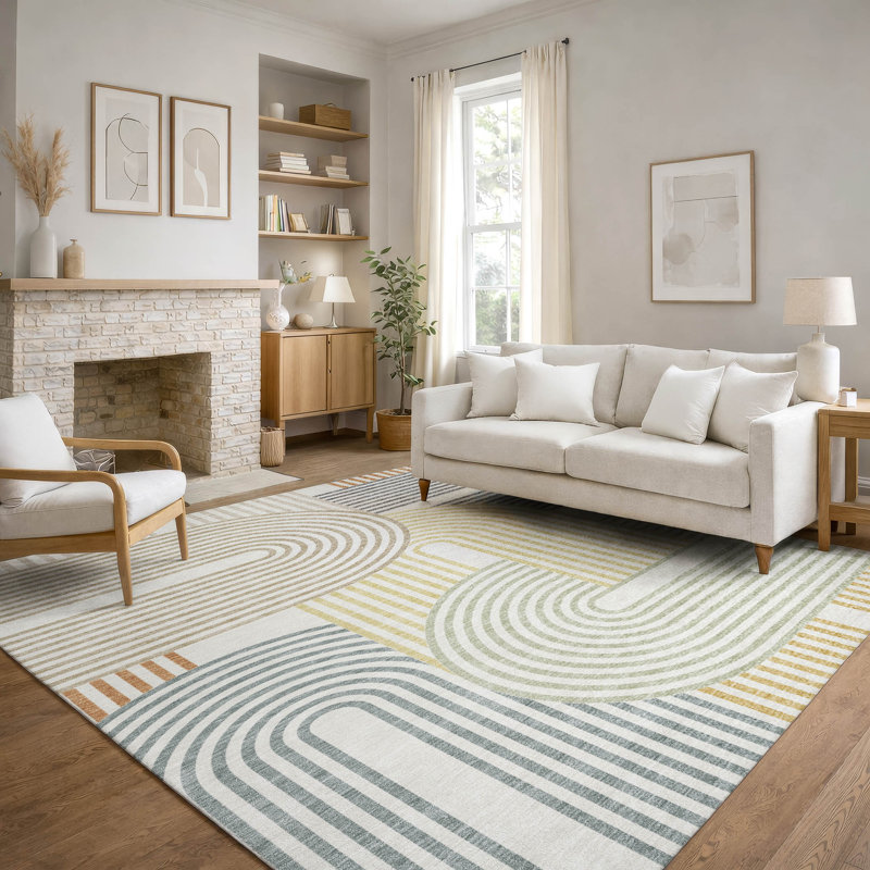 Premium Machine Washable Villers Mid-Century Modern Rug, Ivory, 10 pi x 14 pi