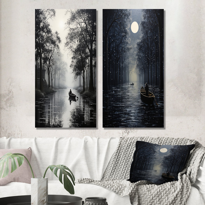 «Canal Quiet Passage Charcoal», 2 pièces, Toile tendue, H 40 po x l 40 po