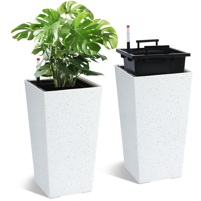 Set of 2 Tall Outdoor Planters with Self-Watering System - Square Garden Pots with Water Level Monitor - Large Indoor/Outdoor Flower Pots with Drainage & Inner Bucket