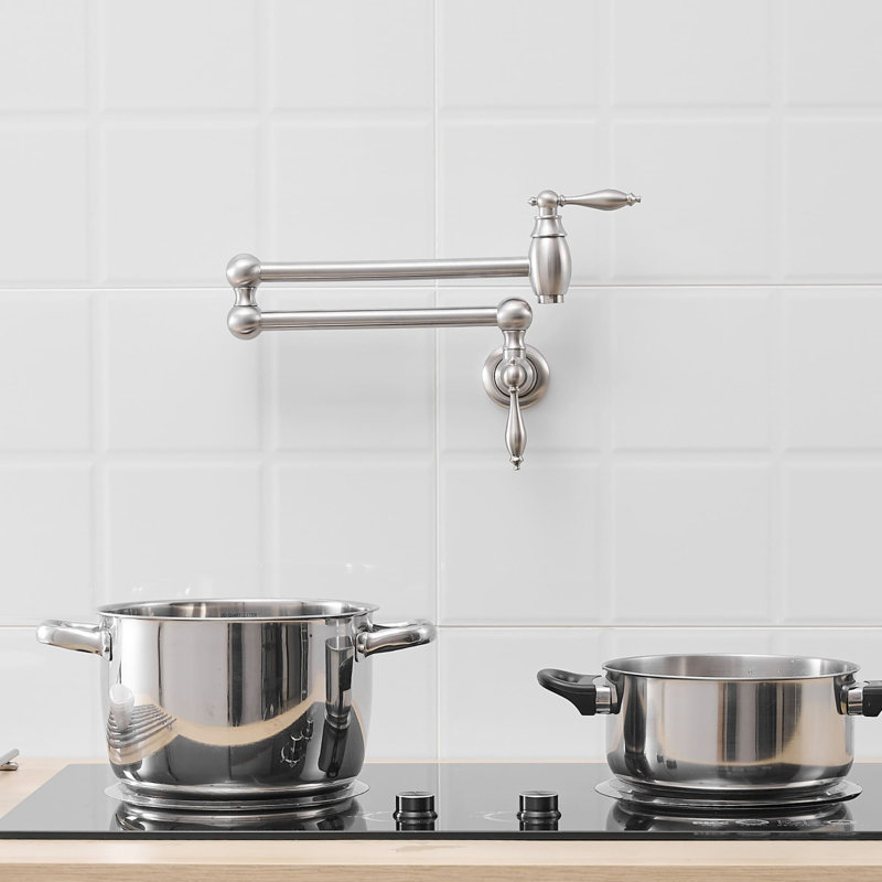 Wall Mount Pot Filler With Swing Arms Single Hole Folding Kitchen Faucet Brass 2 Handle Kitchen Sink Faucets, Brushed Nickel