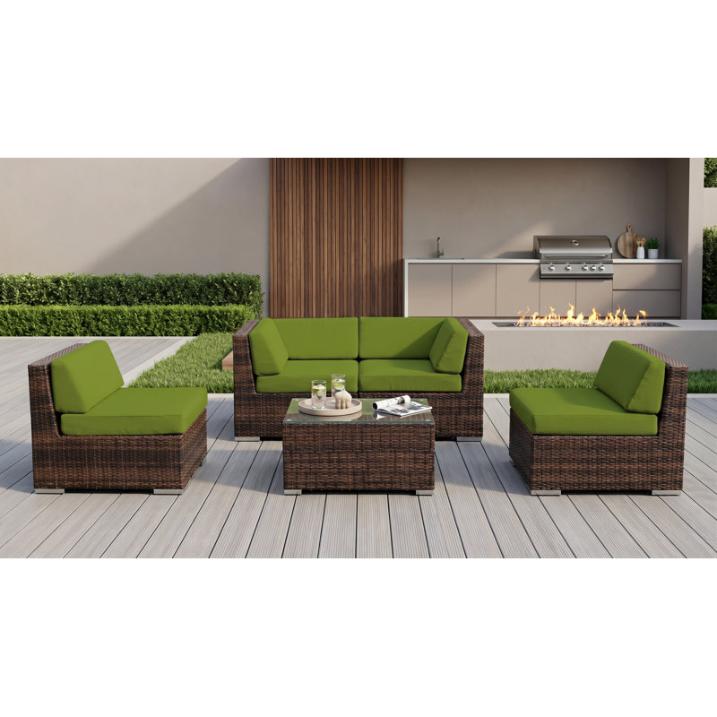Billyjo Wicker 4 - Person Seating Group with Cushions - No Assembly, Coal Sunbrella® Canvas, Mixed Brown