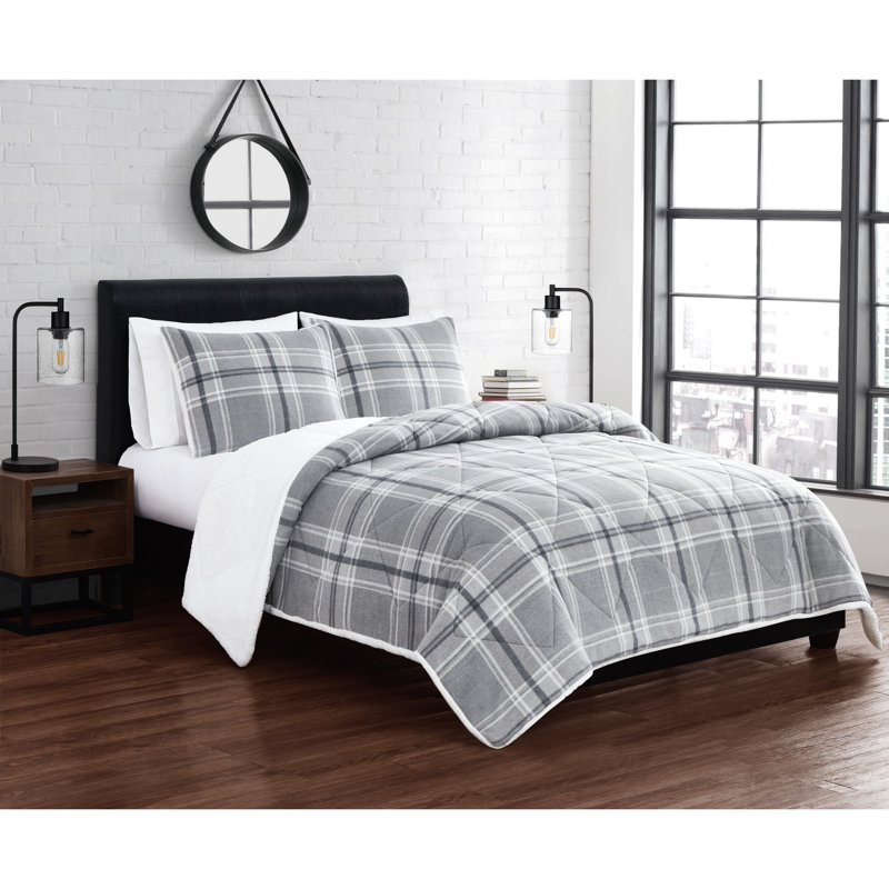 Box Stitch Plaid Comforter, Full/Double Comforter + 2 Standard Shams, Gray