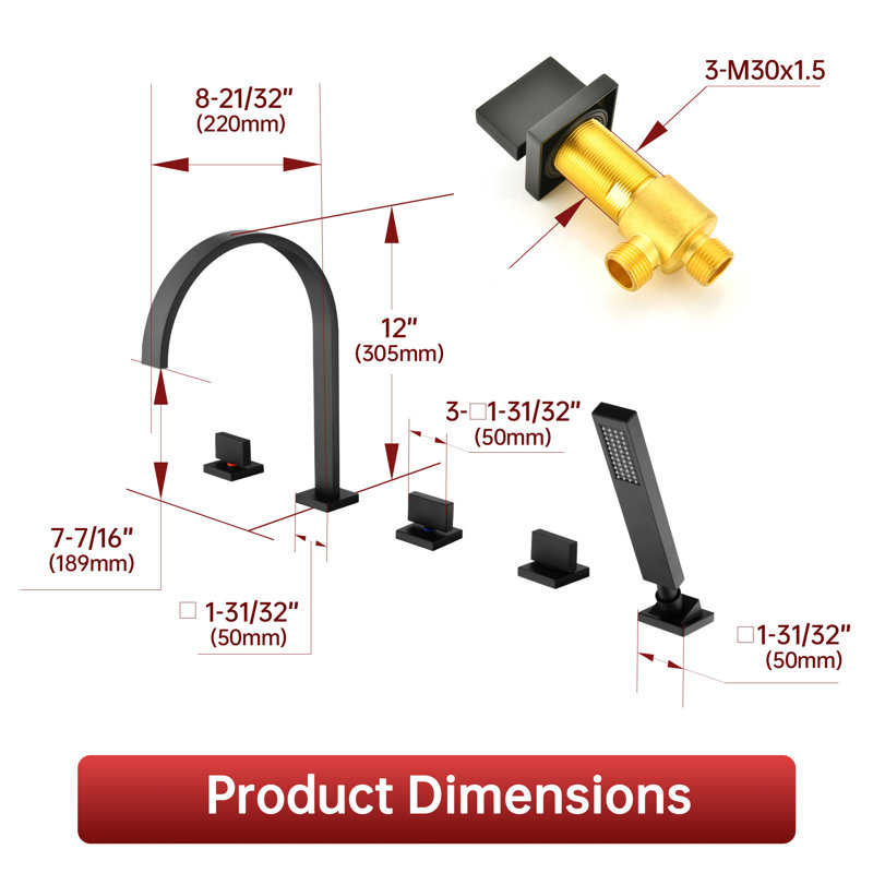 Robinet de baignoire minimaliste 5 trous à 3 boutons avec douche à main Sumerain, robinet de baignoire romaine en cascade noir mat, valves à disque en céramique et fabrication en laiton massif
