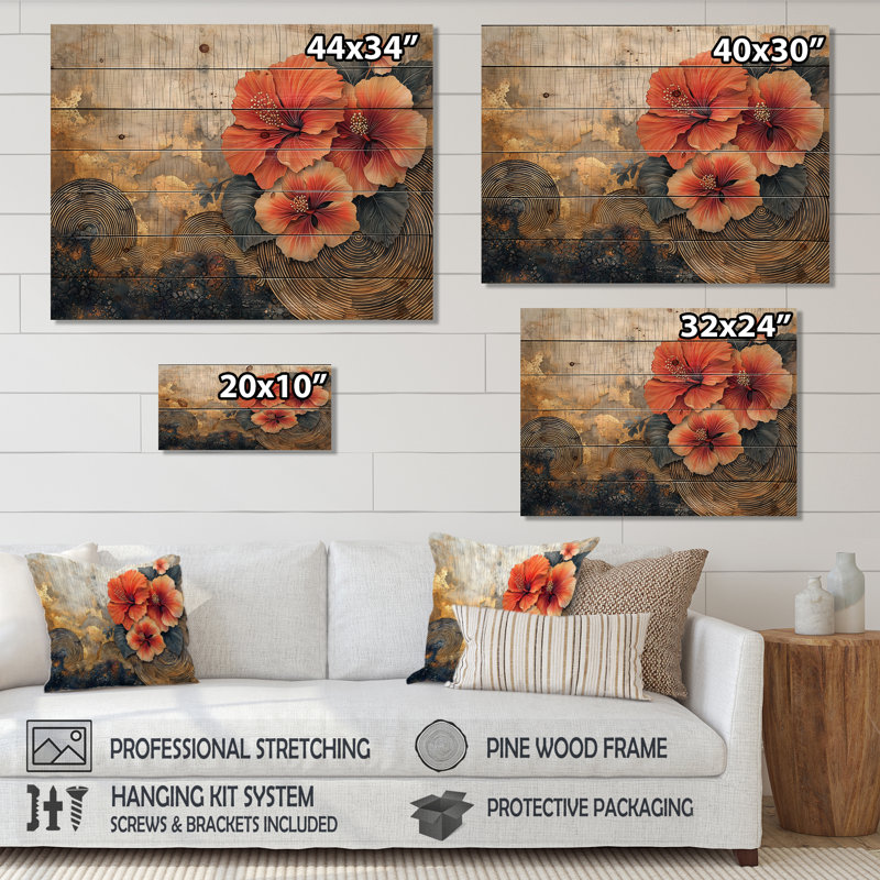 Hibiscus Flowers Field On A Wooden Horizon II - Hibiscus Wood Wall Decor - On Natural Pine Wood, 30" H x 40" W