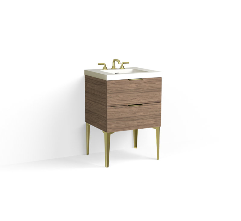 Avila 24" W Freestanding Single Bathroom Vanity with Dean Leg, Matte White/8" Widespread, Nocino, Satin Brass