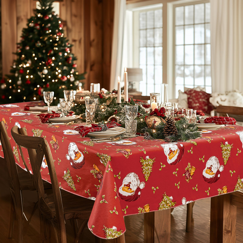 Nappe de Noël rectangulaire en vinyle avec envers en flanelle, imperméable, 132 x 229 cm, motif Père Noël, sapins et cloches, rouge.