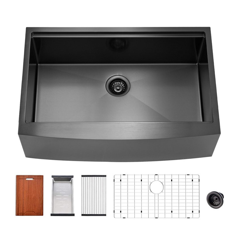 33'' L Farmhouse / Apron Single Bowl Stainless Steel Kitchen Sink With Sink Grid, Cutting Board And Dish-drying Rack