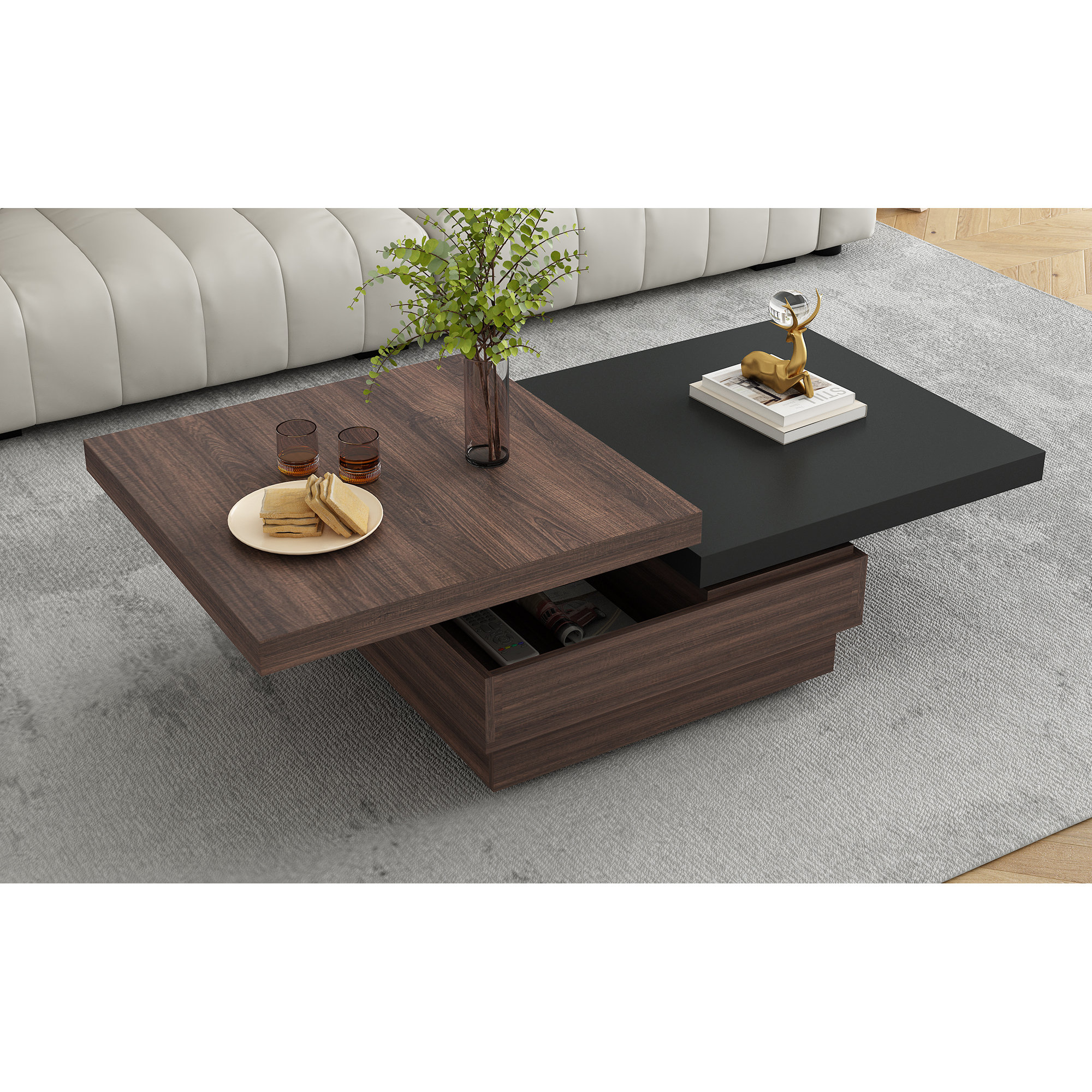 Brayden Studio Farda modern square coffee table: rotatable top, wood ...