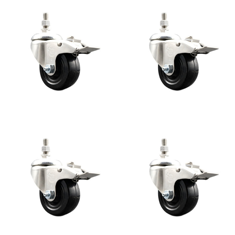 316SS Soft Rubber Swivel Threaded Stem Caster Set Lock Brake