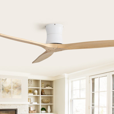52" Indoor 3 Solid Wood Blade Dc Motor Flush Mount Ceiling Fan No Light,Remote Control