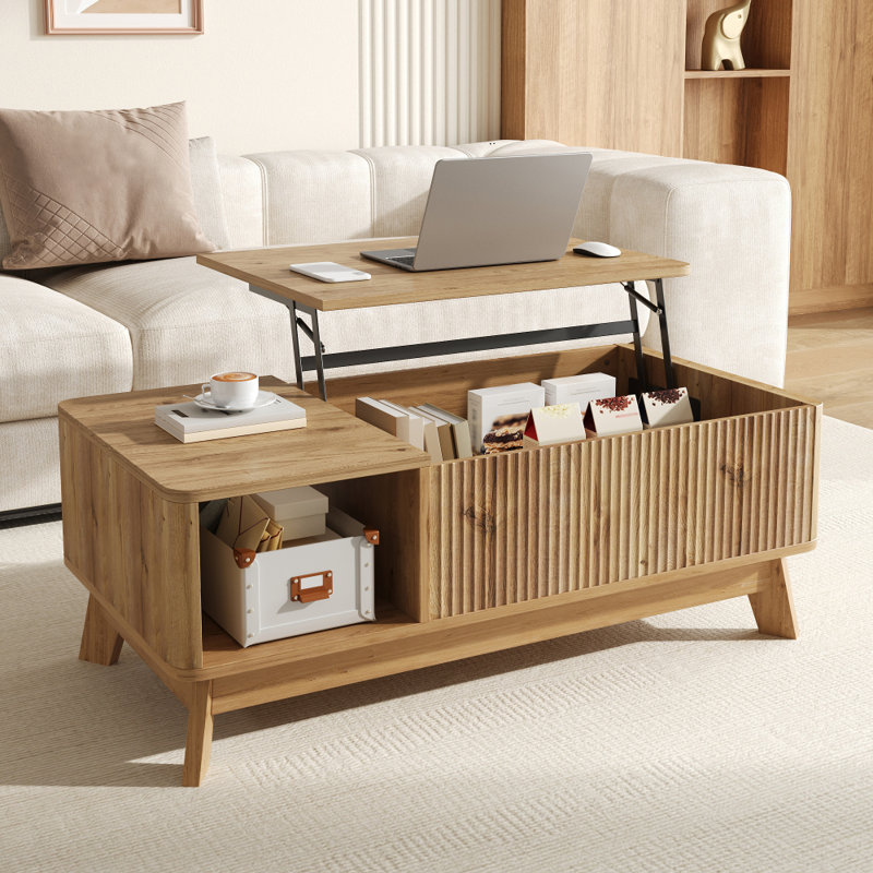 Modern Lift-Top Coffee Table with 3D Wave Design and Open Side Compartment, Oak, Oak, Oak