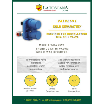 Lady Thermostatic Valve with 2-Way Diverter Volume Control Trim Kit, Valve Required