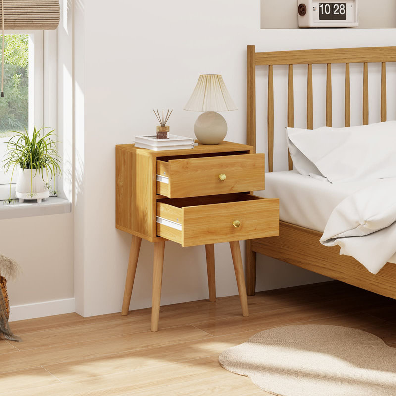 Nightstand 2-Drawer Bedside Table W/Storage & Solid Wood Legs, Yellow/Brown