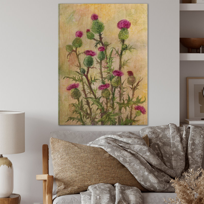 Fleurs de chardon vertes rétro - impression traditionnelle de bois mauve, H 36 po x l 24 po x P 1 po