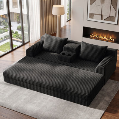 Canapé-lit convertible en velours côtelé sans armature, 2 places, pliable, avec console porte-gobelets et fonction convertible pour salon.