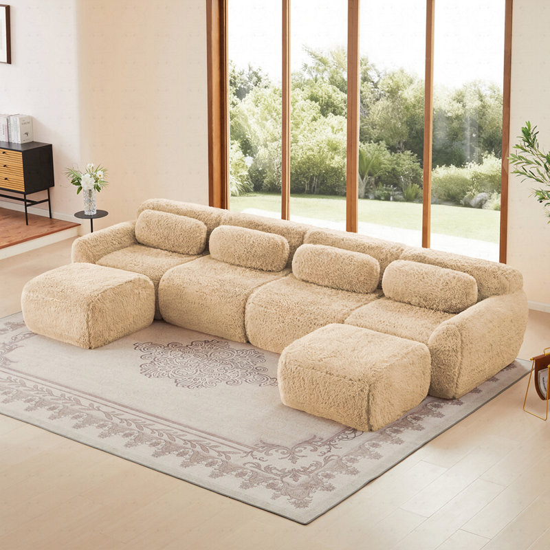 Canapé 4 places moelleux moelleux avec 2 repose-pieds, Kaki pâle, 4, 28.7" H x 148.8" W x 72.4" D