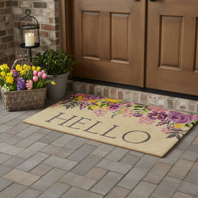 Paillasson 30 po x 48 po à motif floral brun et mauve Hello Coir