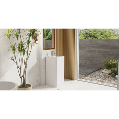 Badeloft Square Stone Resin Freestanding Pedestal Bathroom Sink SB-01-A-G in Glossy White