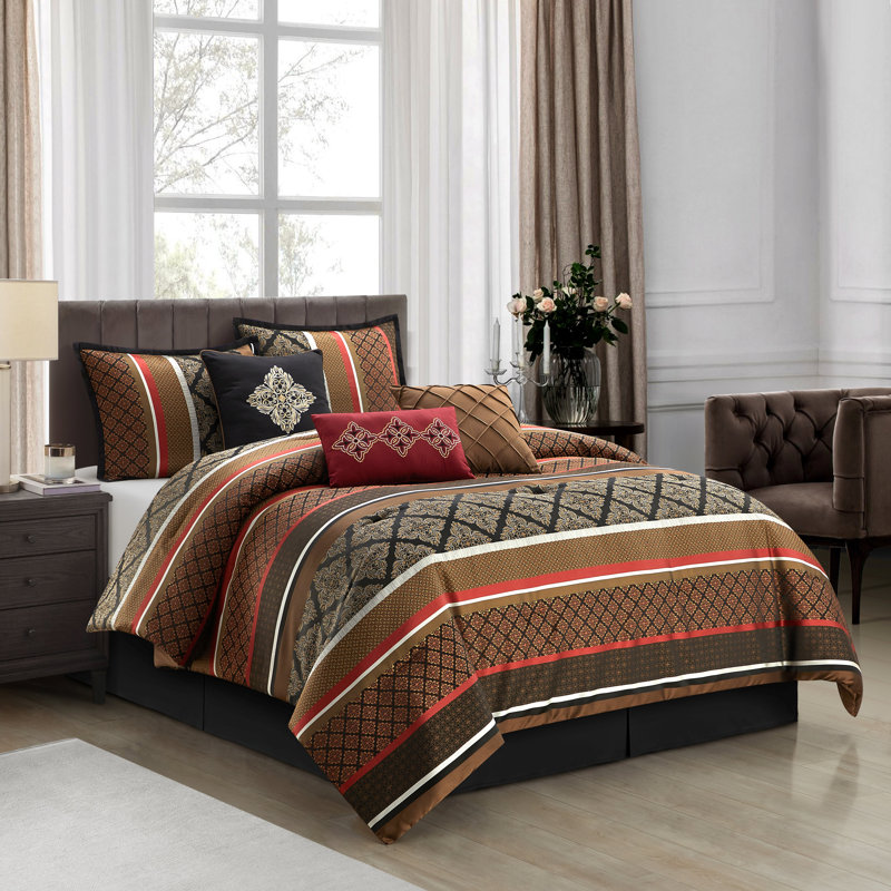 Red and Brown Microfiber Queen Comforter Set with Decorative Pillows