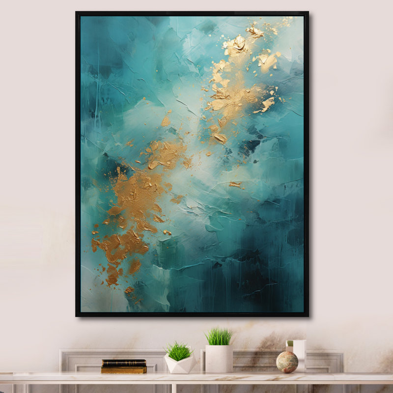 Jaalah " Turquoise Tranquility IV ", 32" H x 24" W x 1" D, Black Floater Framed