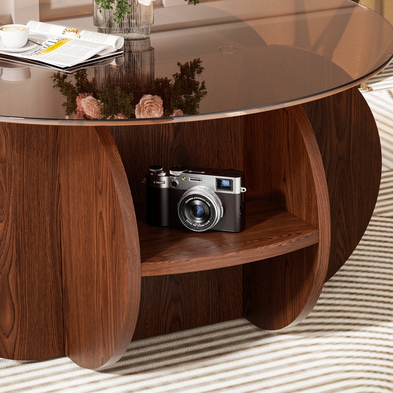 Table basse à plateau rond en verre trempé de 31,5 po avec cadre en MDF et table à 4 tablettes, Noyer