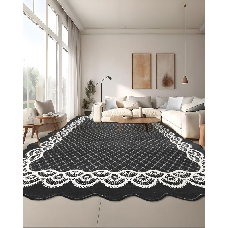Machine Washable Scalloped Area Rugs Modern Bordered Floor Mats, Non-Slip Contemporary Accent Rug, Non Shedding Soft Low Pile Indoor Carpet for Living Room, Bedroom, Kitchen