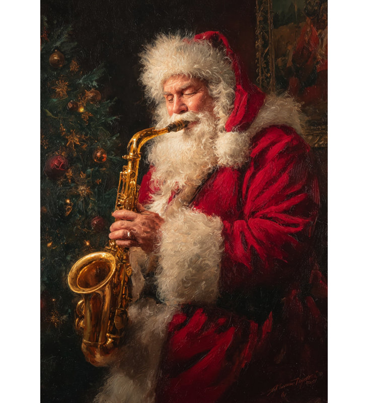 Père Noël jouant du saxophone à côté d'un arbre, art mural sur toile, H 40 po x l 30 po